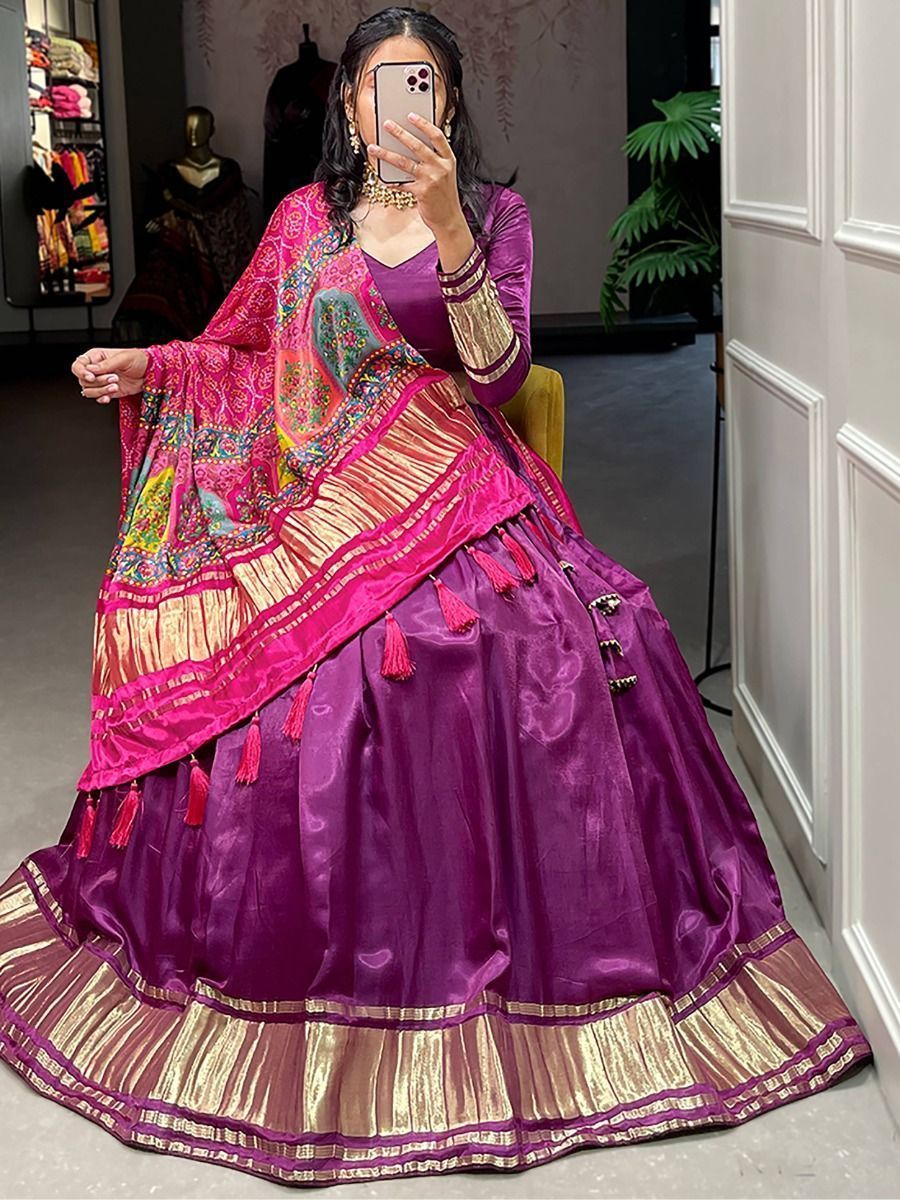 Beautiful Purple Color Gaji Silk Fabric Traditional Wear Lehenga Choli With Dupatta