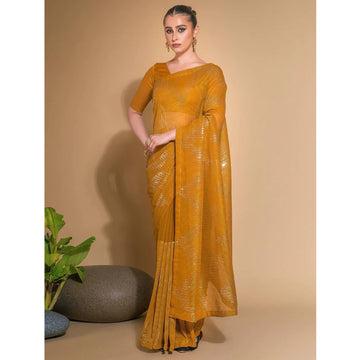 Gorgeous Designer Mustard Color Sequins Work Haldi Function Wear Saree