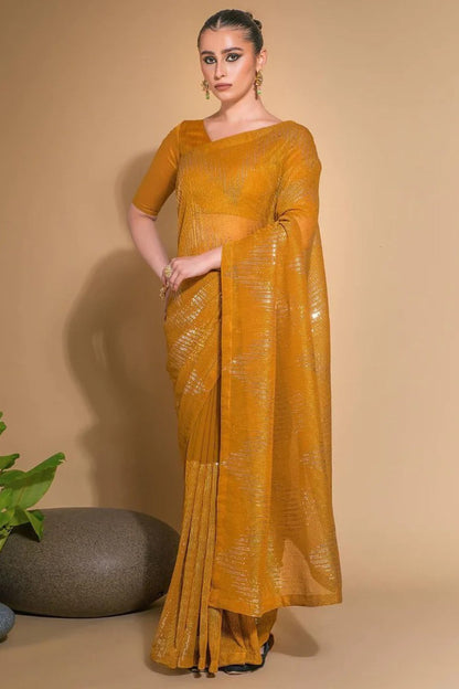 Gorgeous Designer Mustard Color Sequins Work Haldi Function Wear Saree