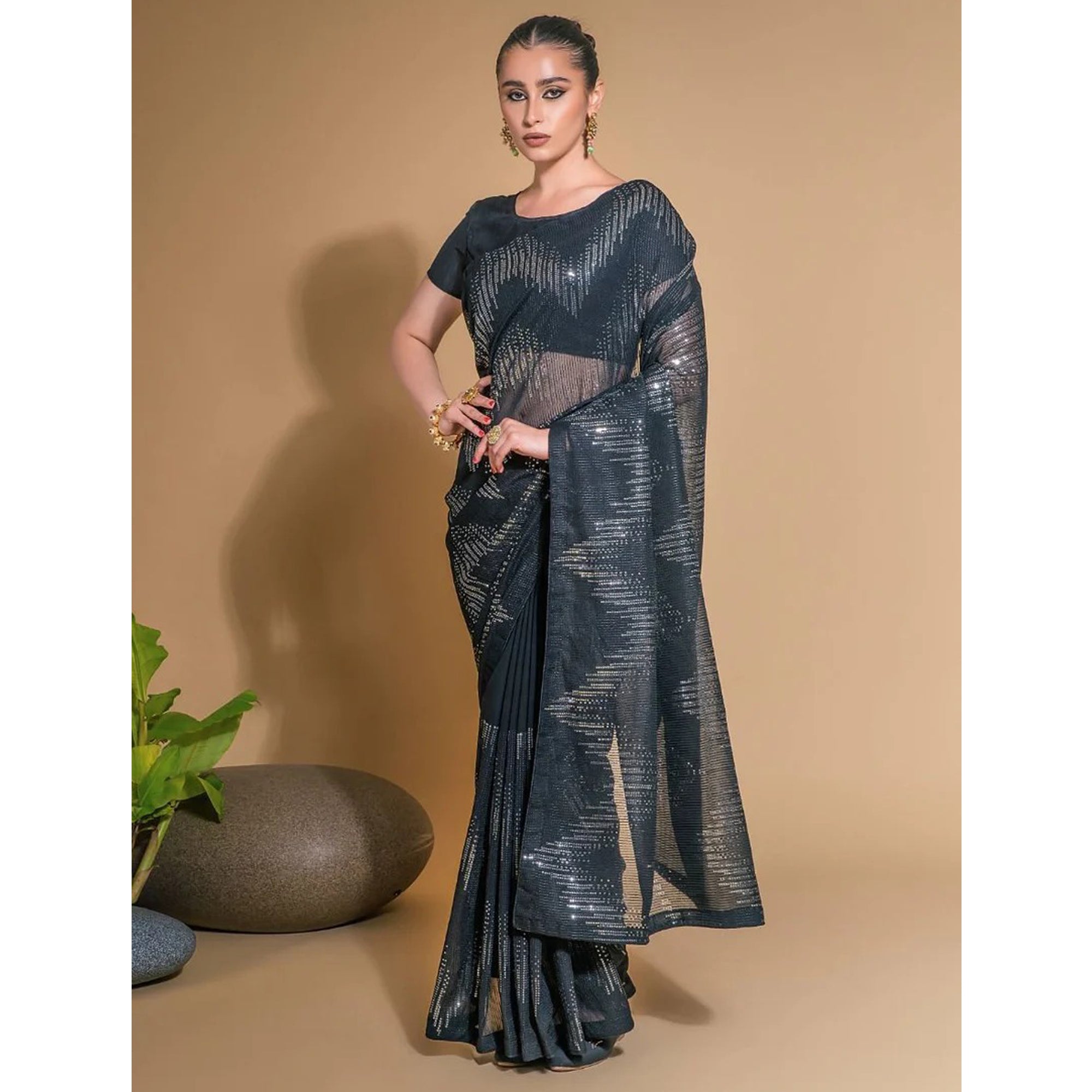 Charming Grey Color Georgette Fabric Sequins Work Occasion Wear Saree