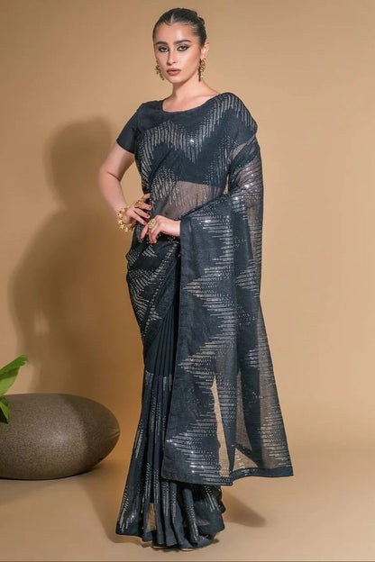 Charming Grey Color Georgette Fabric Sequins Work Occasion Wear Saree