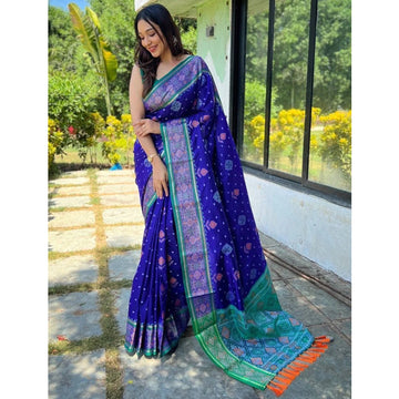 Attractive Blue Color Patola Woven Silk Wedding Function Wear Saree With Stitched Blouse