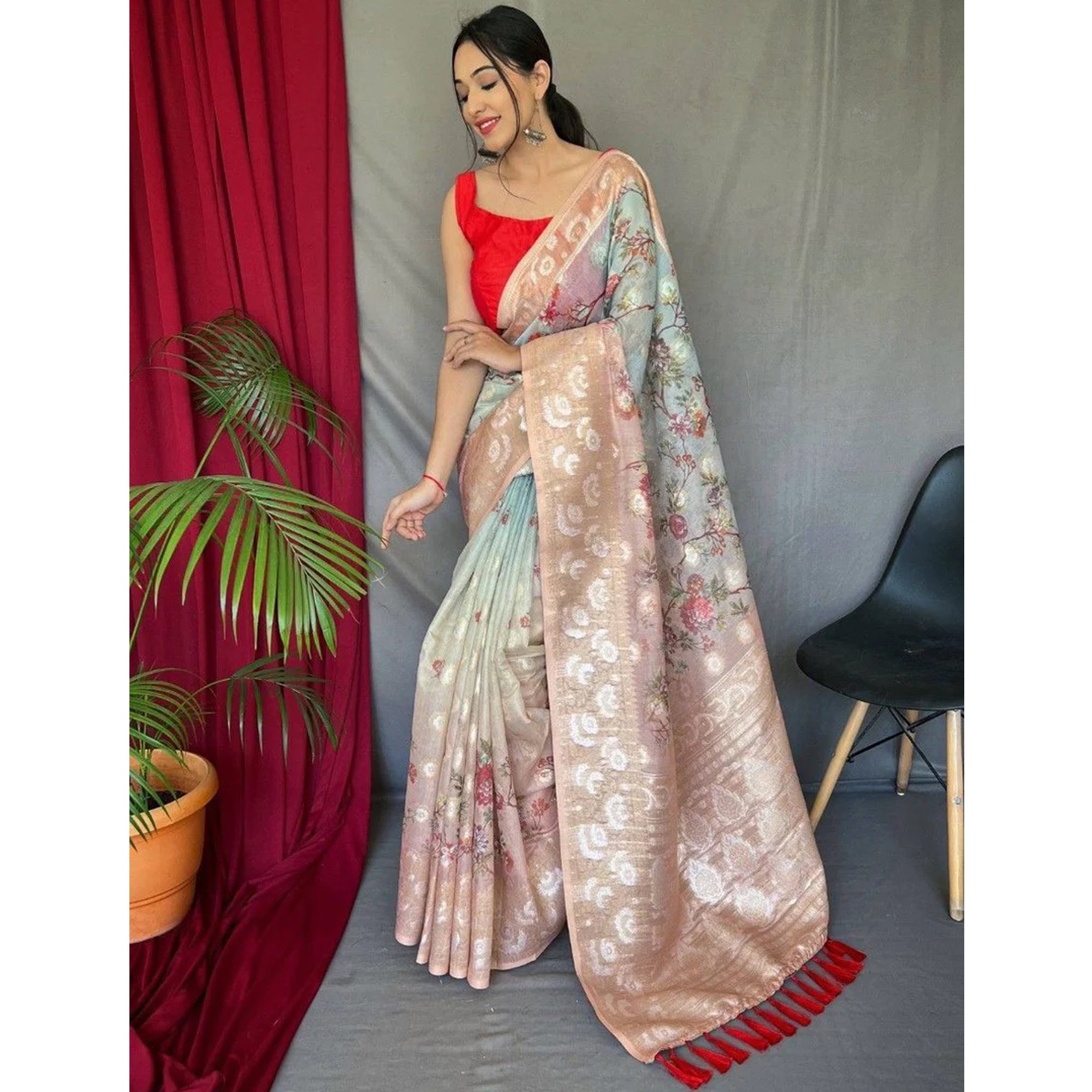 Gorgeous Designer Sky Blue Color Silk Floral Printed Wedding Wear Saree