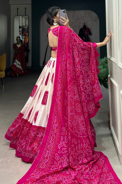 Awesome Pink Color Ready To Wear Lehenga Choli Of Tussar Silk With Work Of Digital Print And Bandhani Print Dupatta