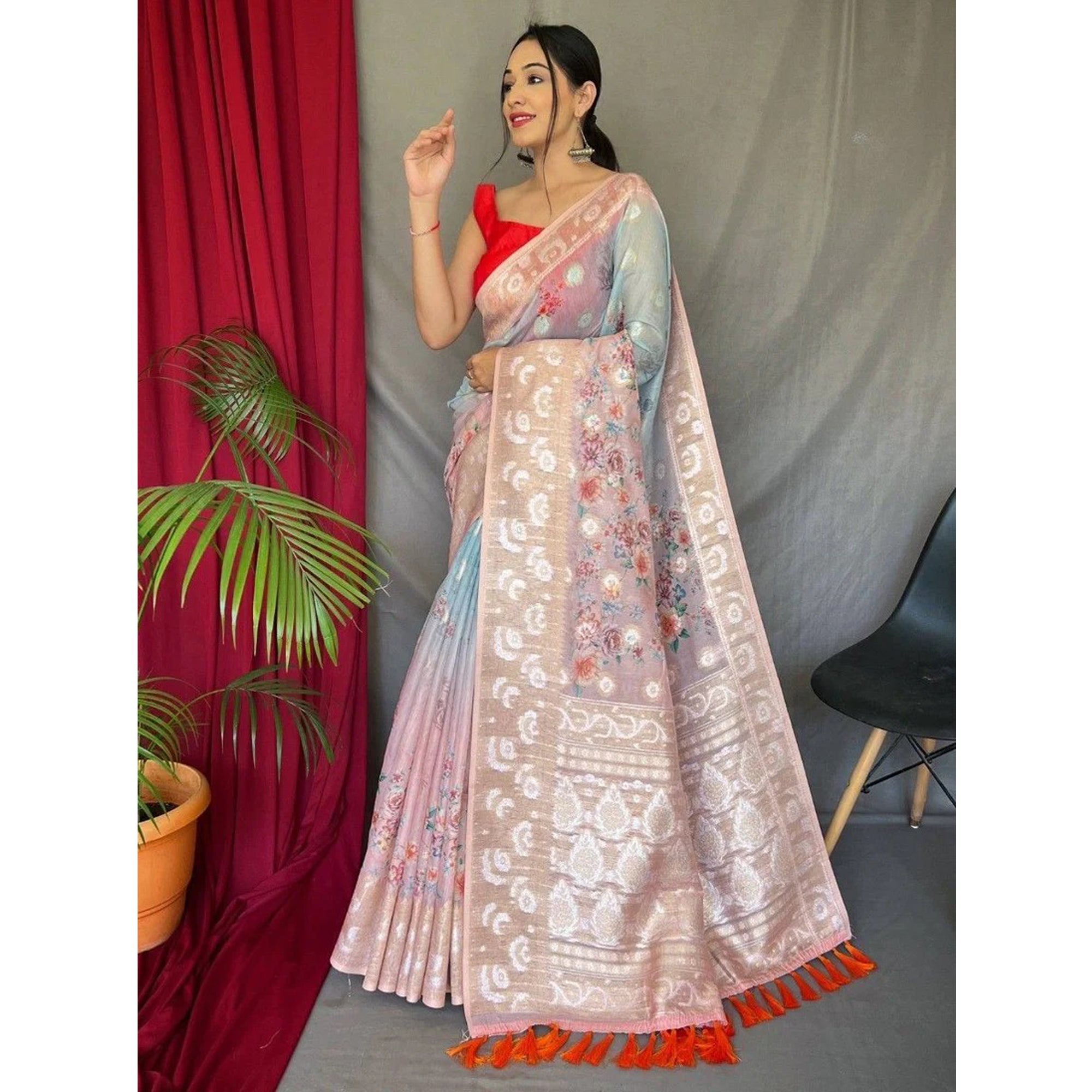 Indian Bollywood Style Light Pink Color Floral Printed Festival Wear Saree With Stitched Blouse
