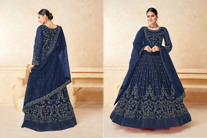 Newest Style Navy Blue Color Anarkali Gown With Dupatta For Party