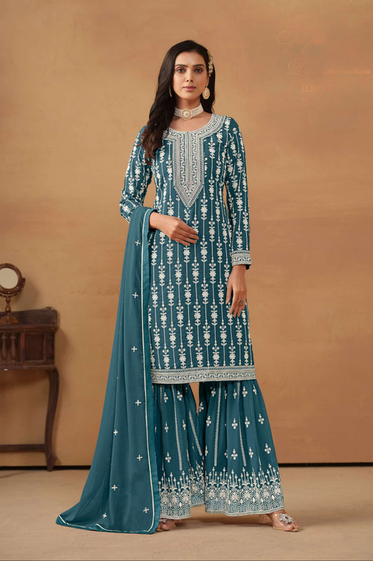 New Style Teal Color Sharara Suit For Special Wedding-Reception