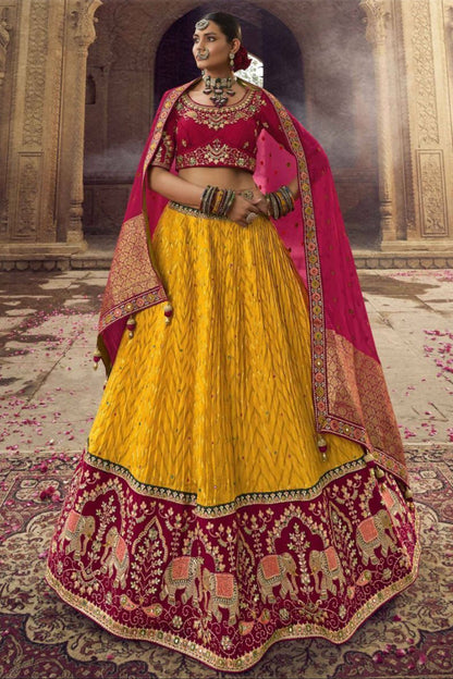 Haldi Function Wear Readymade Embroidery Work Lehenga Choli With Organza Dupatta