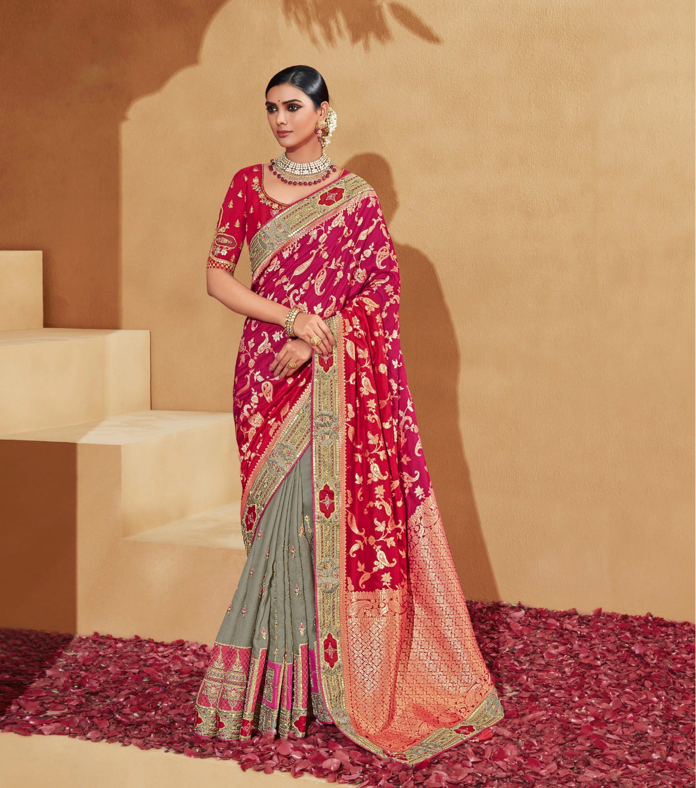 Olive Cherry Grey Color Silk Embroidery Fabric Work Party Wear Saree