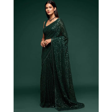 Awesome Green Color Designer Party Wear Saree With Stitched Blouse