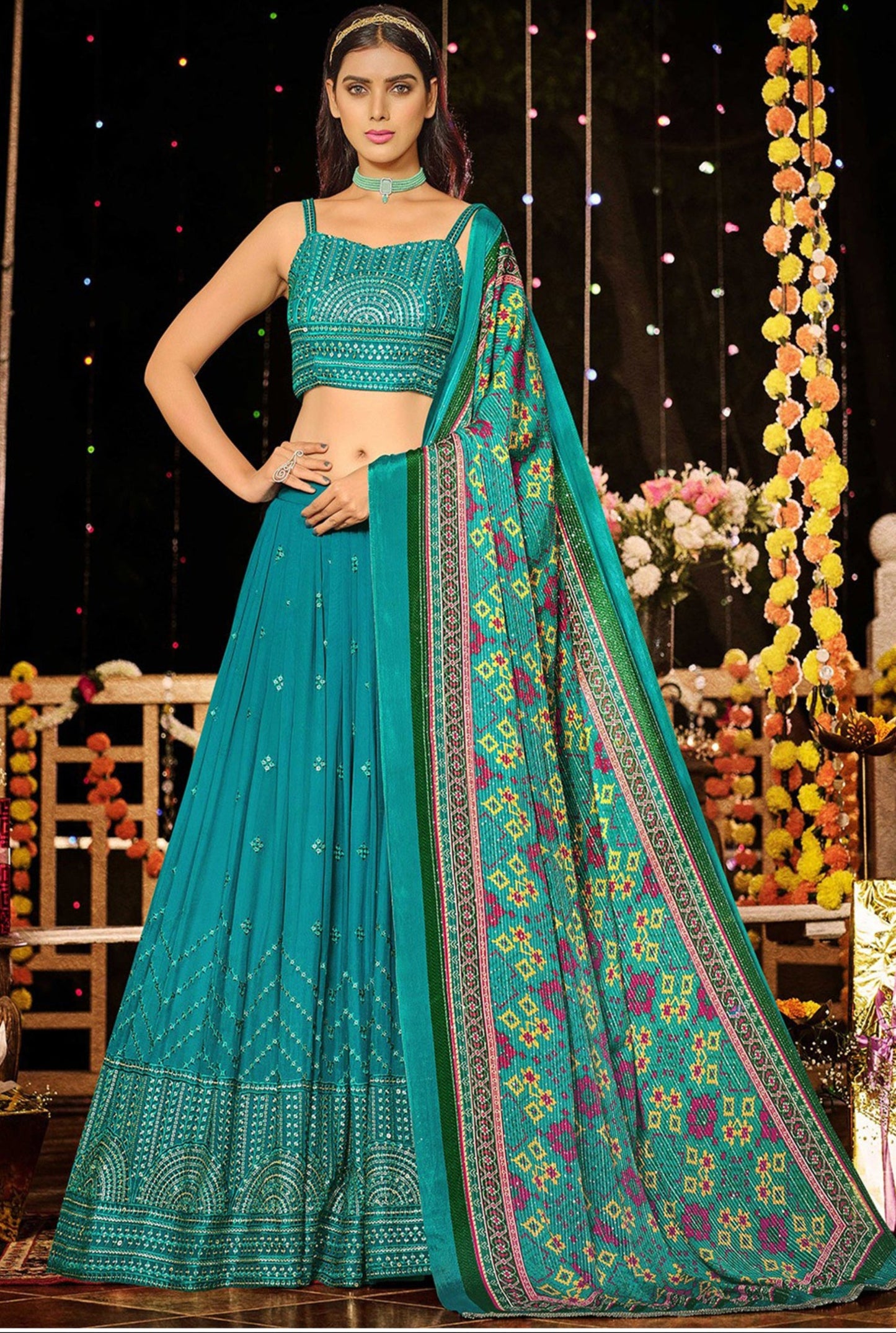 Teal Blue Color Designer Readymade Stitched Lehenga Choli with Embroidery Work Suits