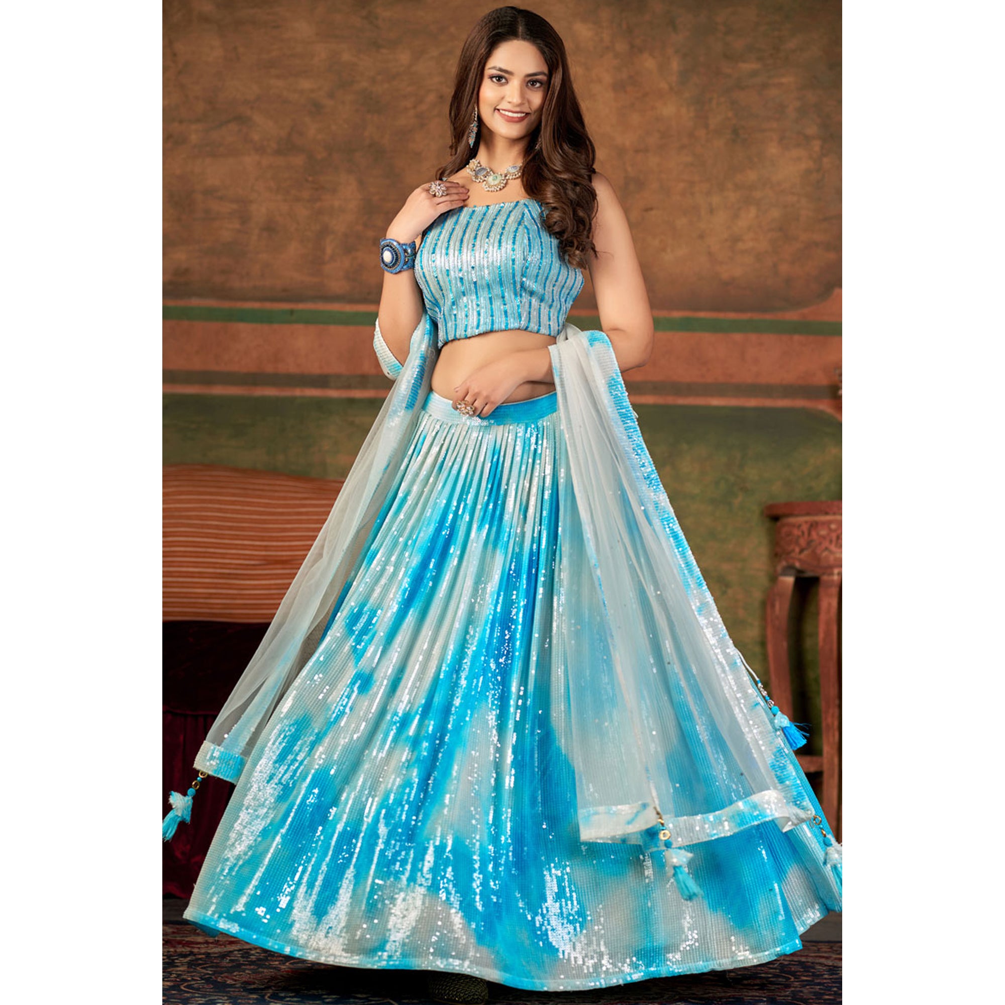 Sky Blue Color Exquisite Goregette Fabric Wedding Look Sequins Work Lehenga Choli