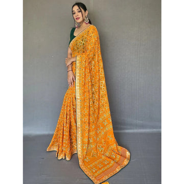 Yellow Color Printed Saree Georgette Fabric Indian Wedding Wear Suits