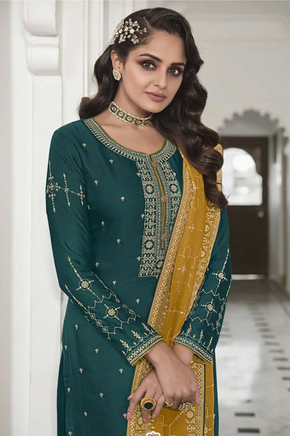 Solid Teal Color New Style Salwar Kameez With Dupatta For Wedding-Reception