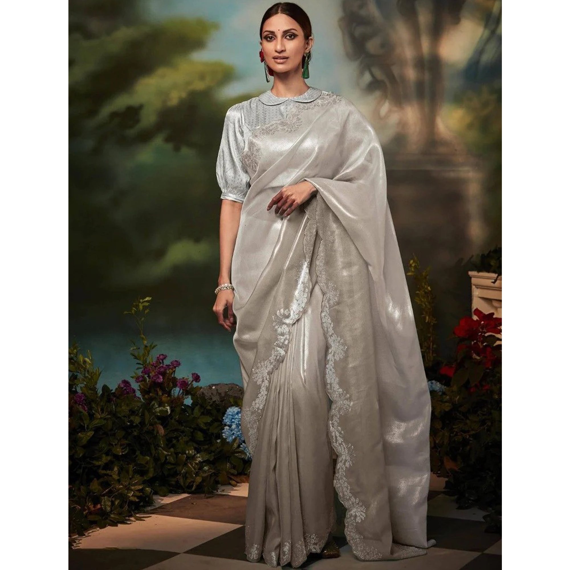Traditional Designer Grey Silk Material Wedding Function Wear Saree With Woven Work Blouse