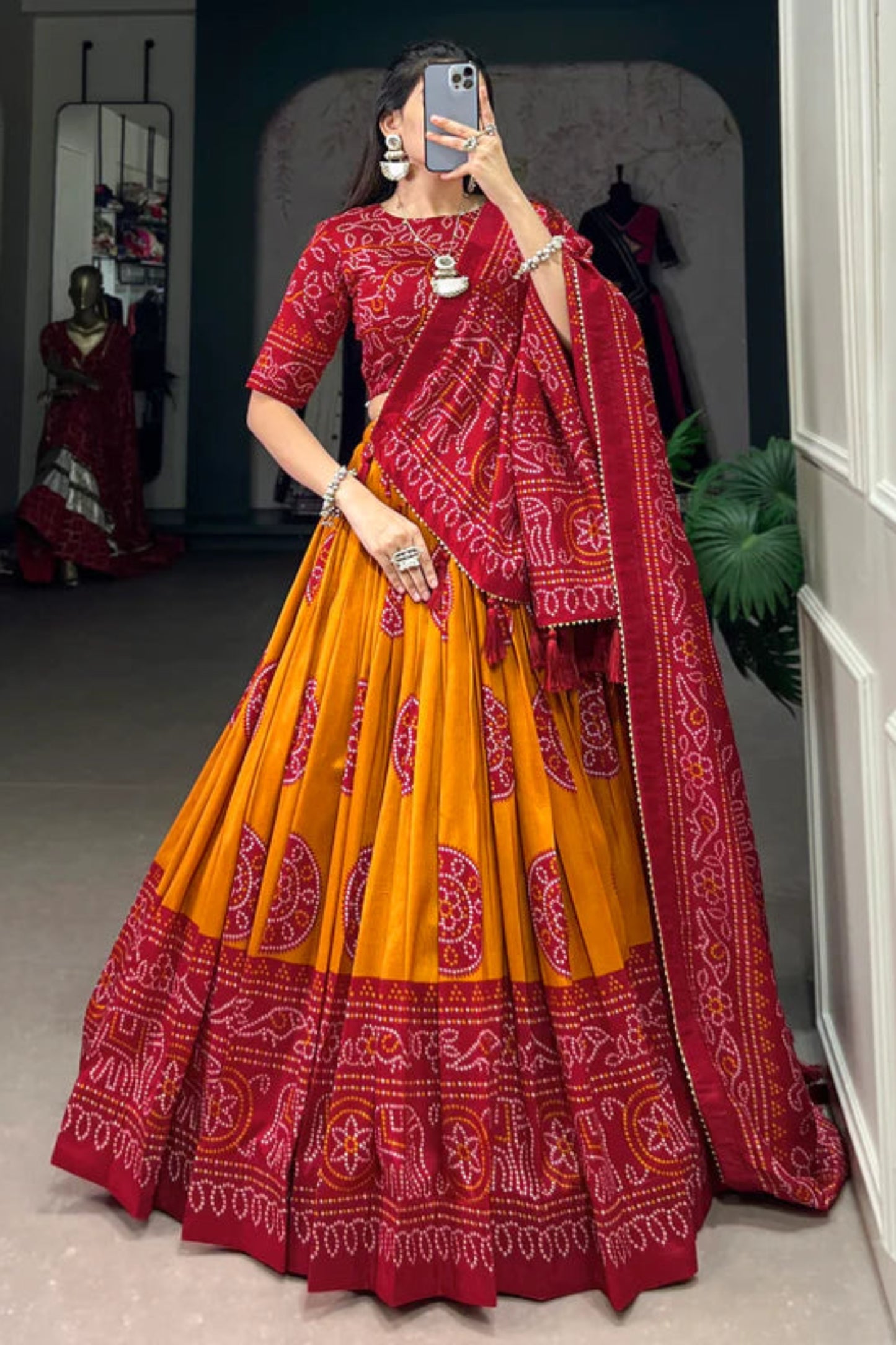 Attractive Ready To Wear Lehenga Choli Of Tussar Silk With Bandhani Print Work And Work Of Digital Print With Dupatta