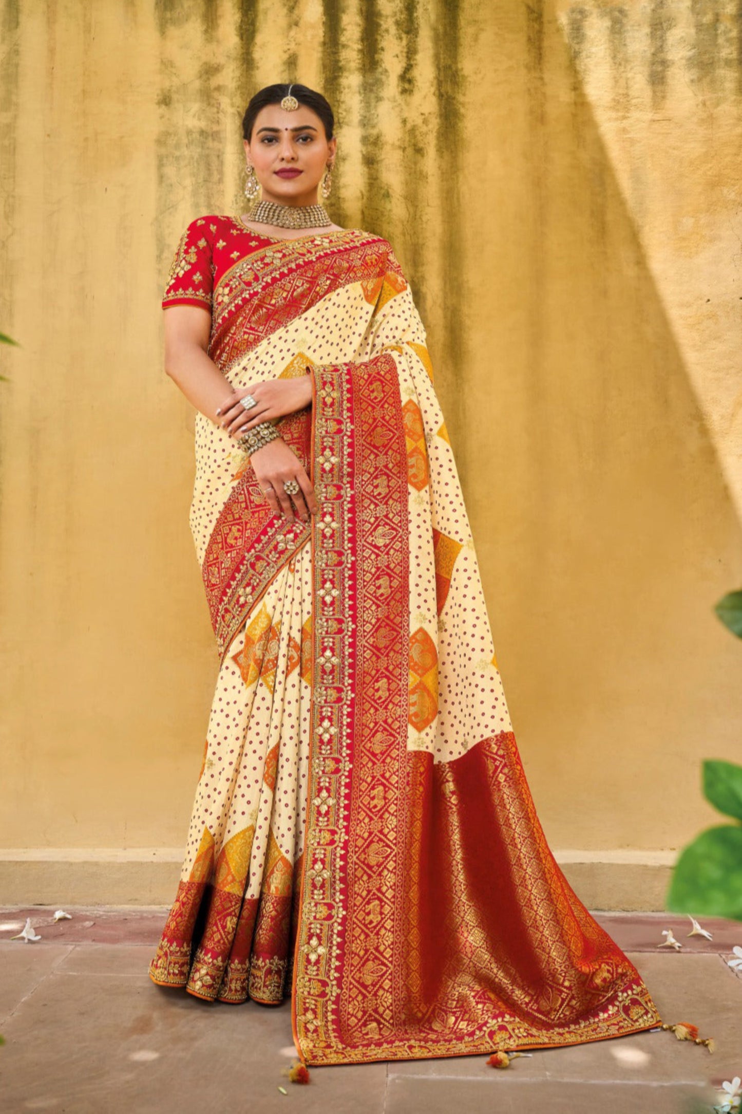 Bollywood Stylish Off White Red Color Embroidery Work Festival Wear Saree