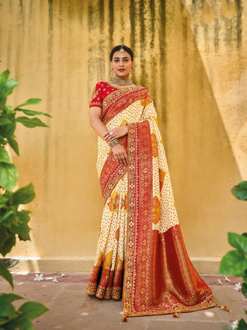 Bollywood Stylish Off White Red Color Embroidery Work Festival Wear Saree