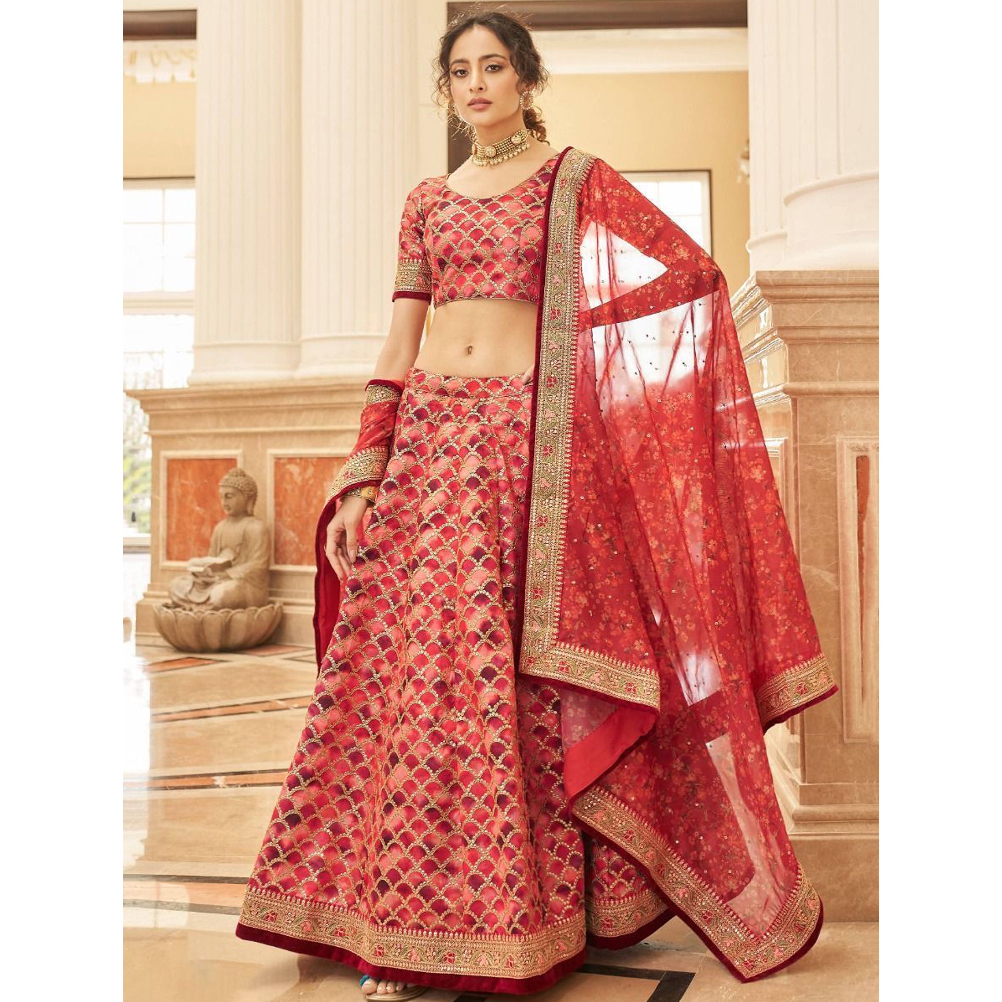 Incredible Red Color Embroidery Work Art Silk Material Wedding Reception Wear Lehenga choli