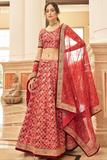 Incredible Red Color Embroidery Work Art Silk Material Wedding Reception Wear Lehenga choli