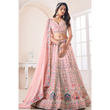 Amazing Peach Color Designer Indian Wedding Wear Georgette Fabric Lehenga Choli