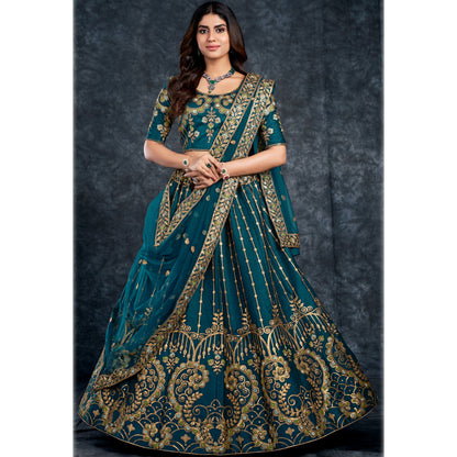 Eid Special Teal Blue Color Silk Fabric Sequins Work Sangeet Function Wear Lehenga Choli