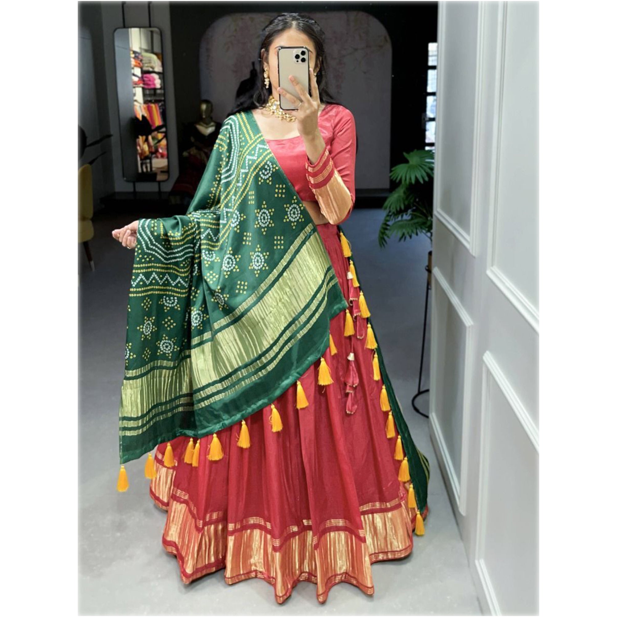 Red Color Gaji Silk Fabric Function Wear Lehenga Choli With Bandhani Dupatta