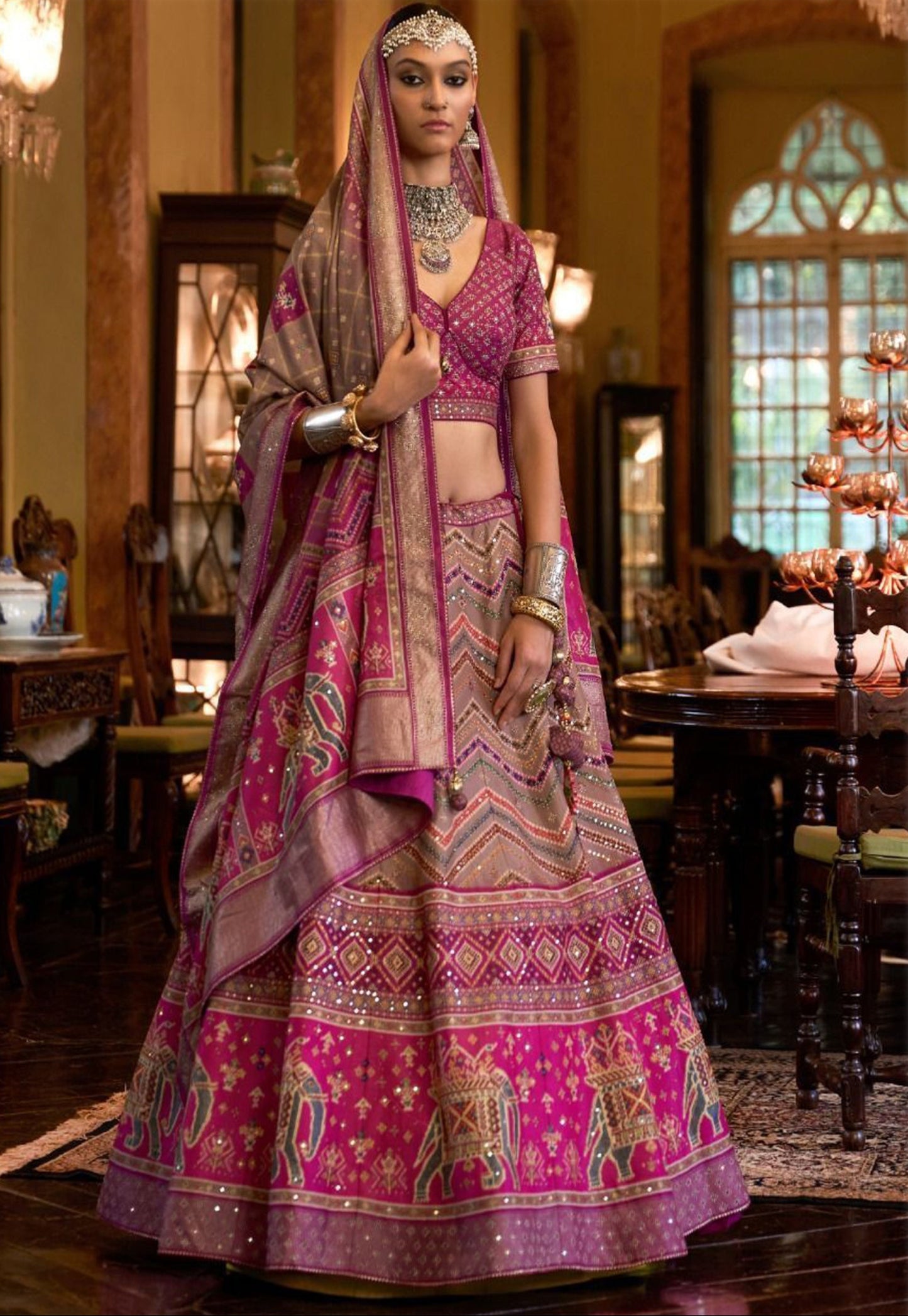 Readymade Pink Mirror Work Rajwadi Silk Event Wedding Wear Lehenga Choli