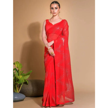 Amazing Red Color Sequins Work Gorgette Fabric Ready to Wear Saree