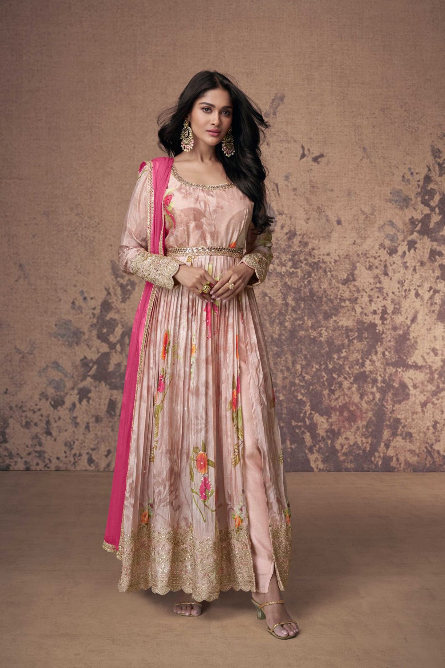 Stylish Pink Color Wedding-Reception Special Anarkali Gown With Dupatta