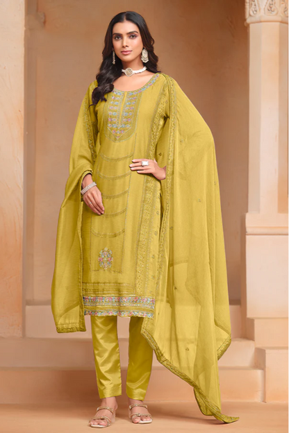 Modern Style Wear Organza Chiffon Embroidery Work Salwar Kameez Pant Suits