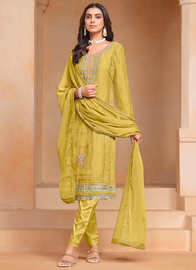 Modern Style Wear Organza Chiffon Embroidery Work Salwar Kameez Pant Suits