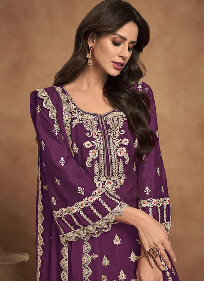 Stunning Designer Heavy Embroidery Work Chinon Fabric Salwar Kameez Plazzo Suit