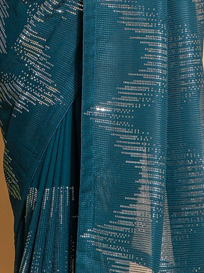 Beutiful Teal Blue Color Sequins Work Wedding Reception Wear Fancy Saree