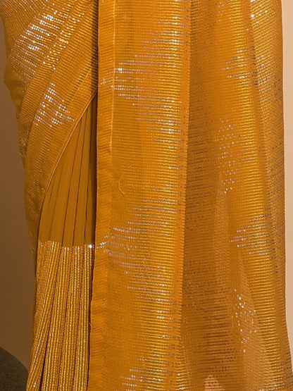 Gorgeous Designer Mustard Color Sequins Work Haldi Function Wear Saree