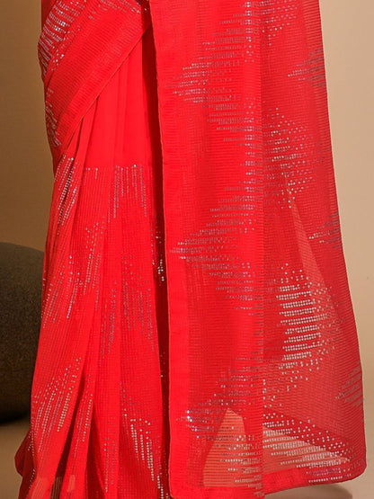 Amazing Red Color Sequins Work Gorgette Fabric Ready to Wear Saree