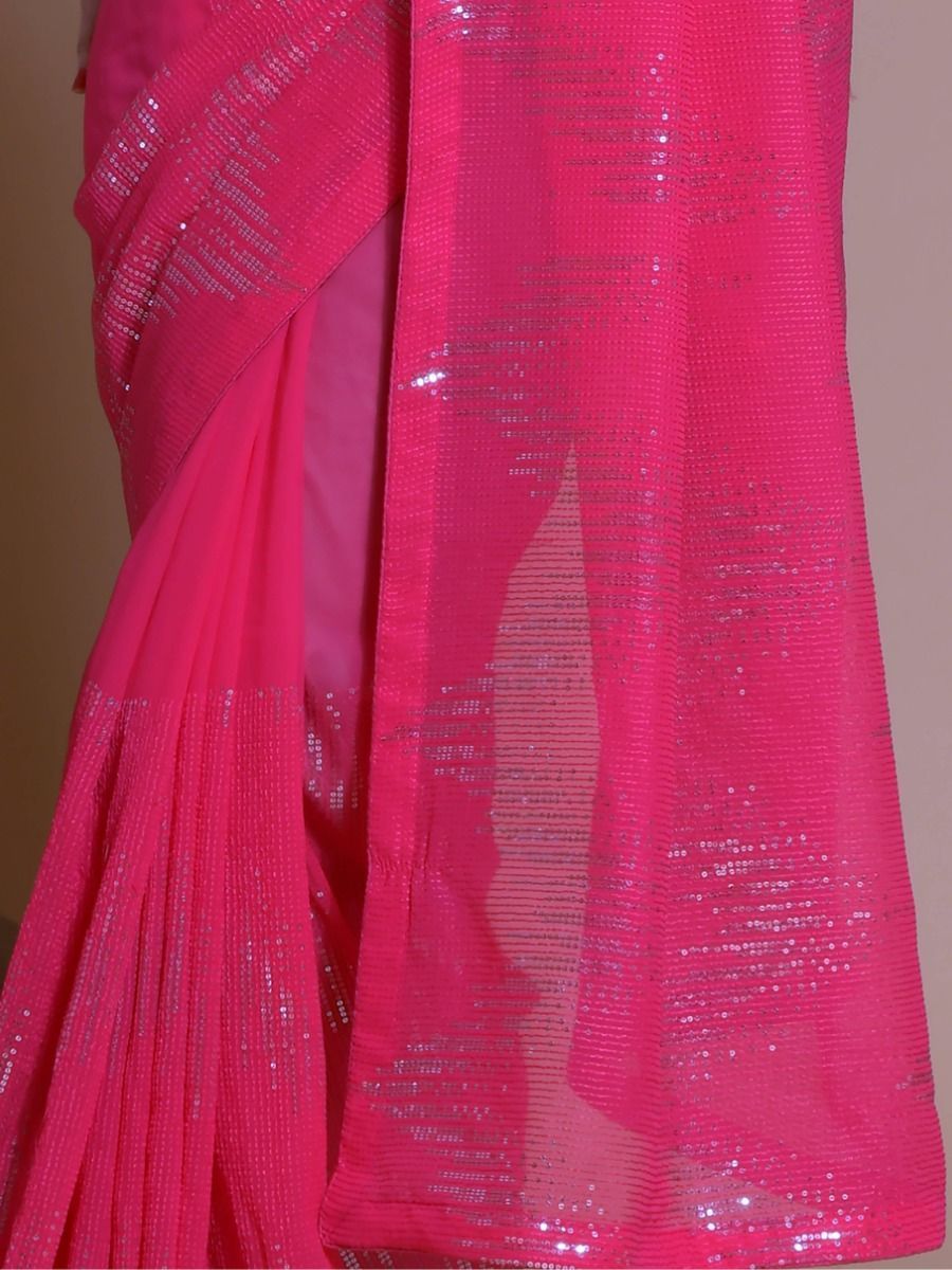 Attractive Pink Color Georgette Material Sequins Work Party Wear Saree
