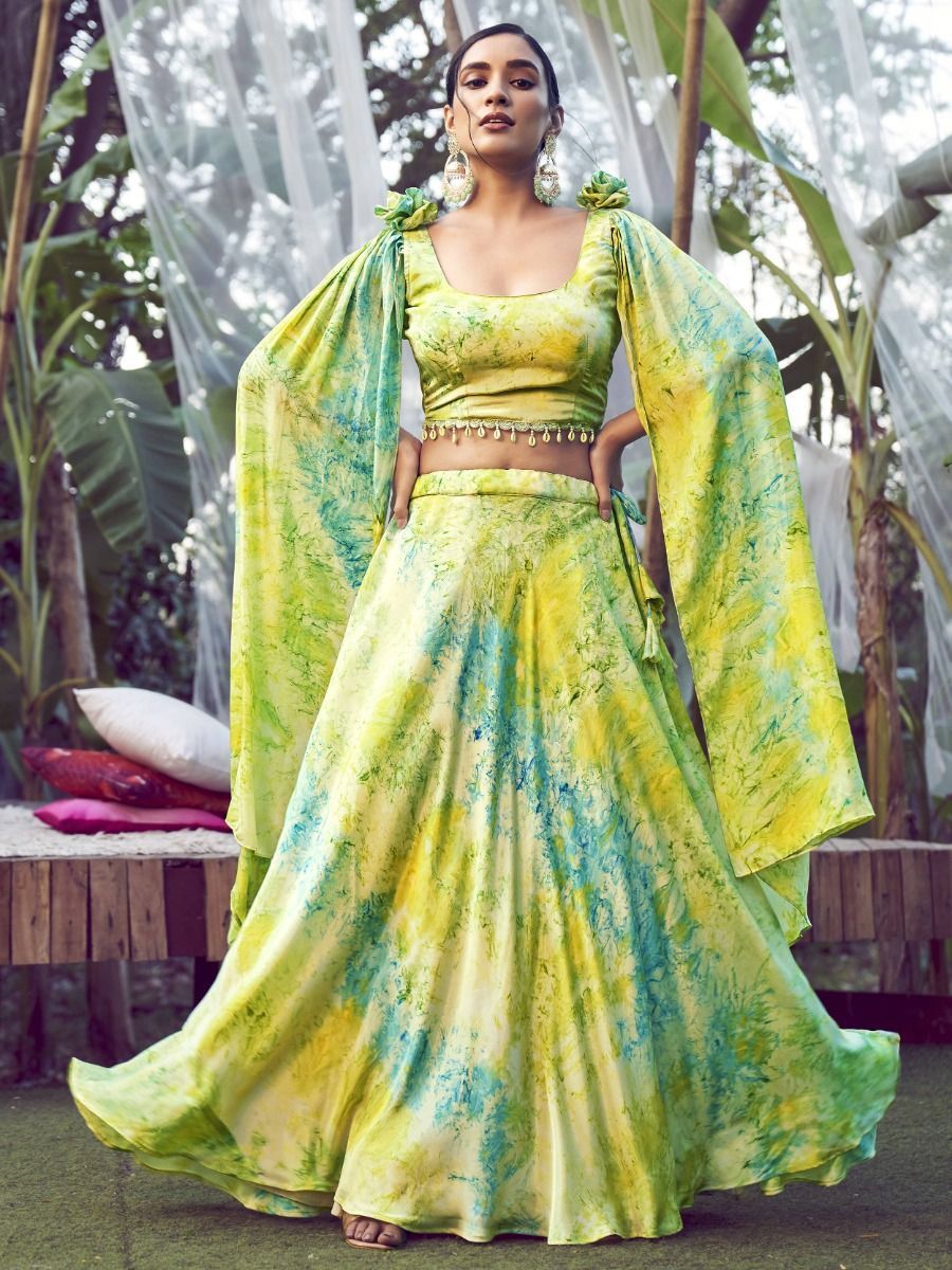 Awesome Fluorescent Green Color Digital Printed Designer Silk Lehenga Choli