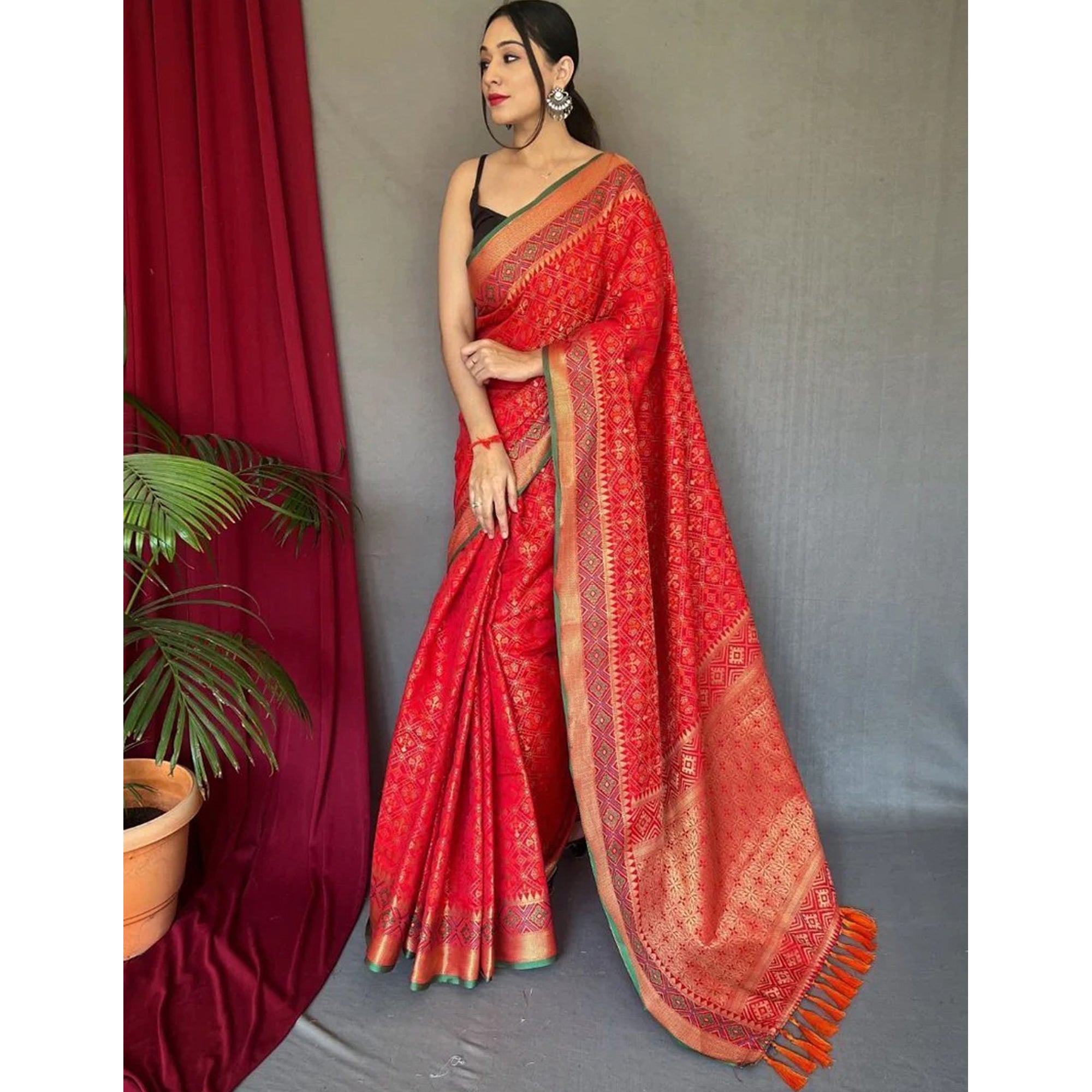 Beautiful Red Color Patola Printed Silk Event Party Wear Saree With Designer Blouse