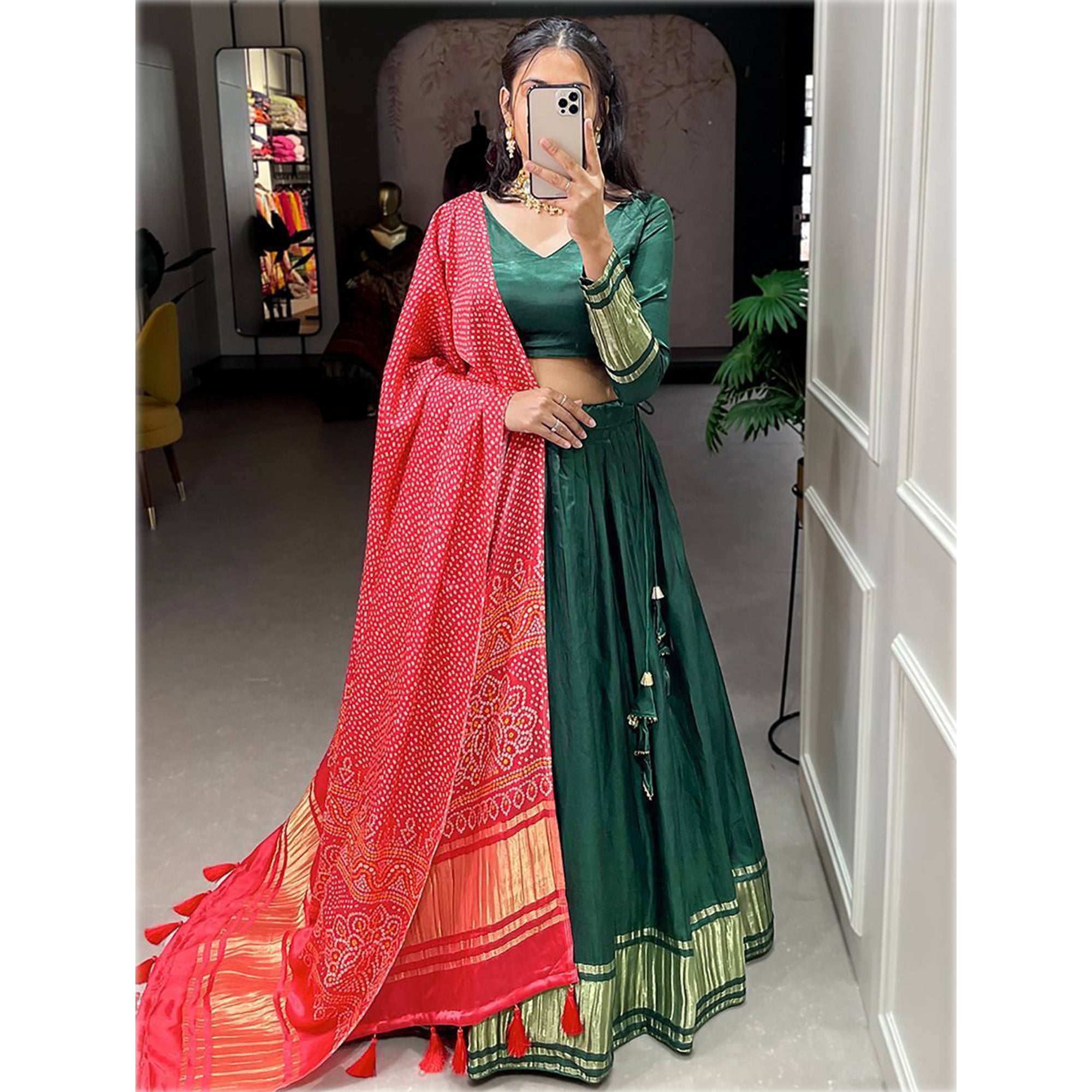 Awesome Green Color Gaji Silk Fabric Traditional Wear Lehenga Choli With Bandhani Dupatta