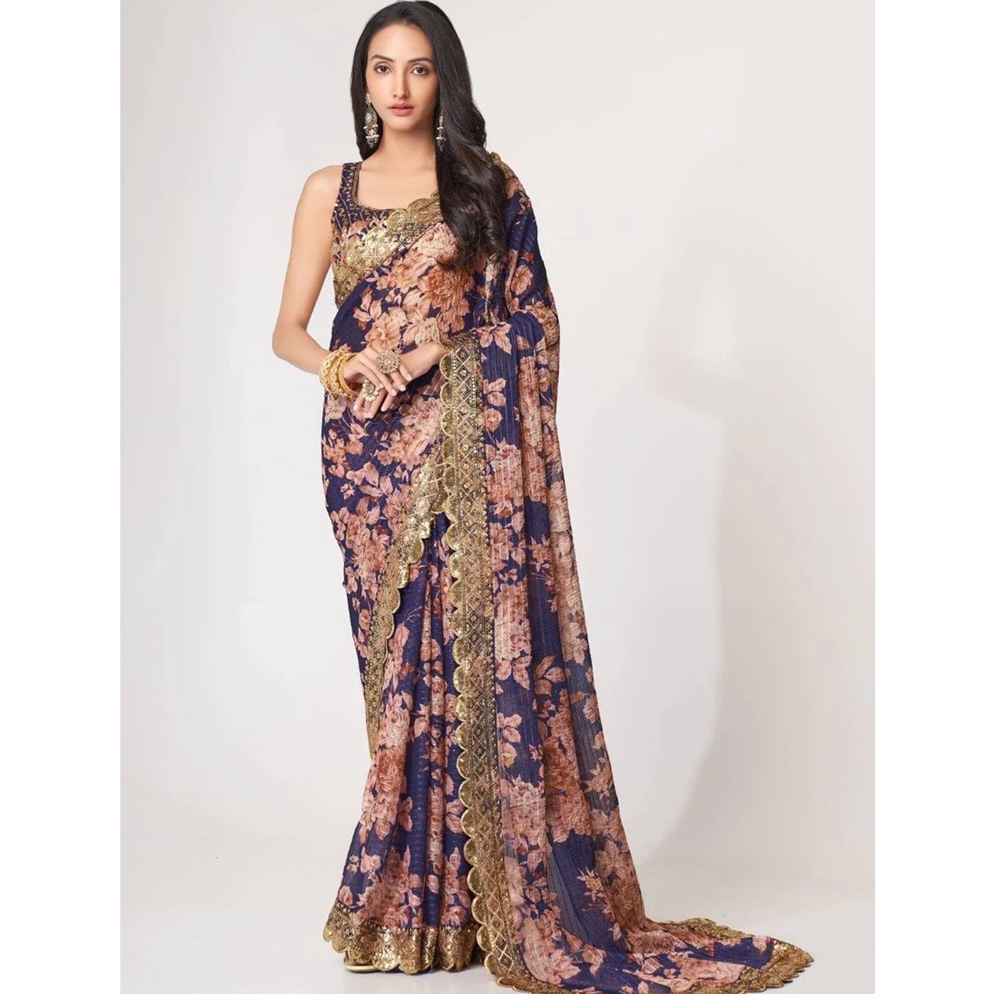 Bollywood Style Purple Digital Floral Printed Designer Saree With Blouse