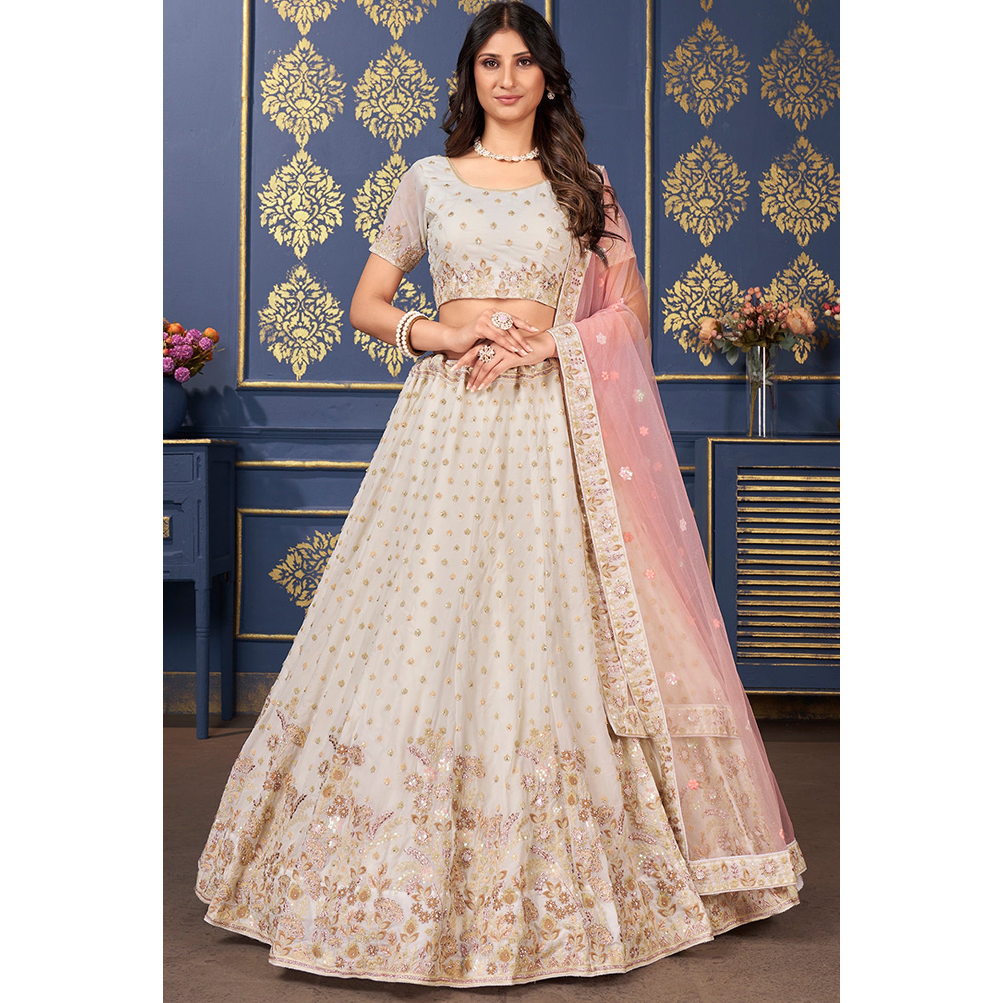 Gorgeous Creme Color Rady to Wear Designer Sangeet Function Wear Lehenga Choli