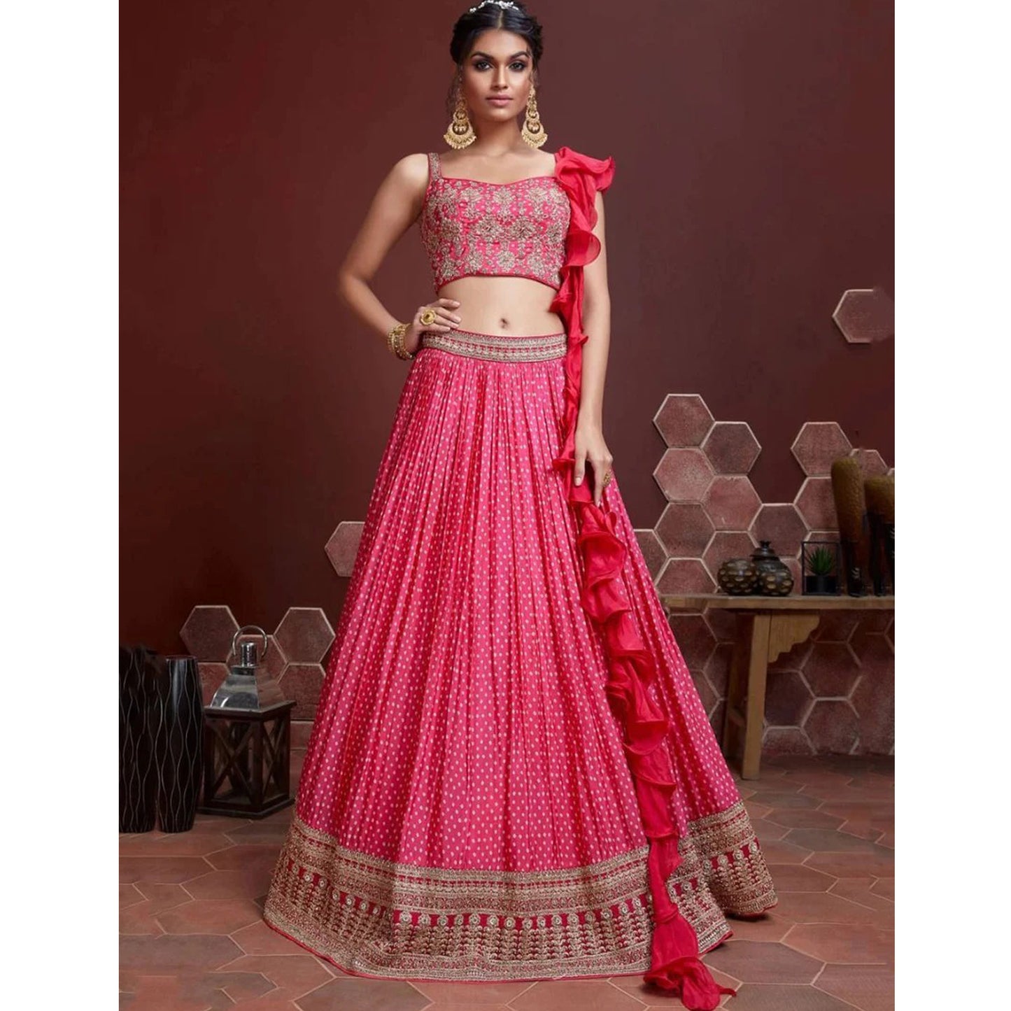 South Asian Reception Wear Lehenga Graceful Pink Color With Dupatta Created With Ruffle Work