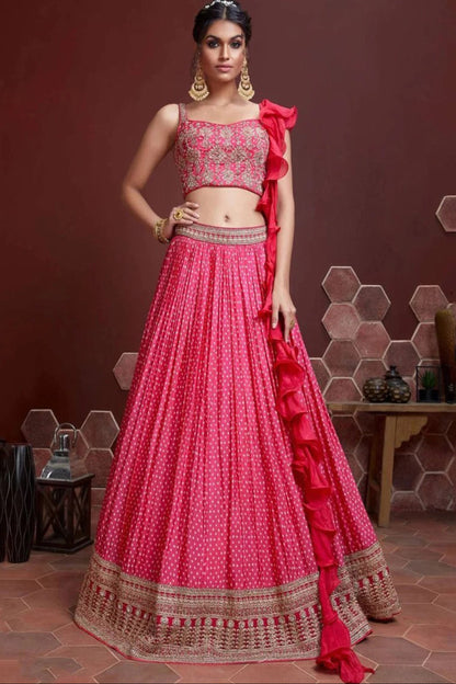 South Asian Reception Wear Lehenga Graceful Pink Color With Dupatta Created With Ruffle Work