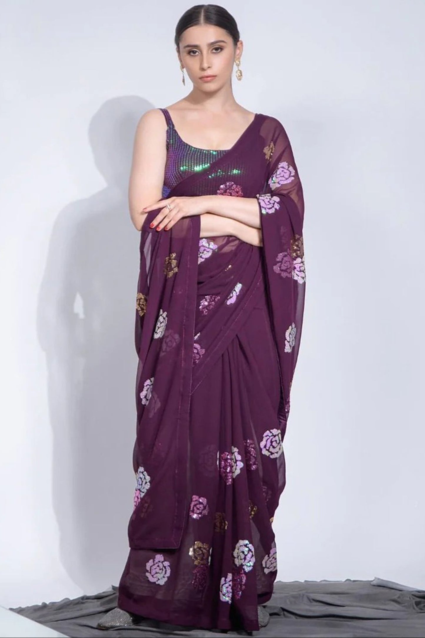 Amazing Purple Sequins Gorgette Fabric Reception Wear Saree With Fancy Blouse