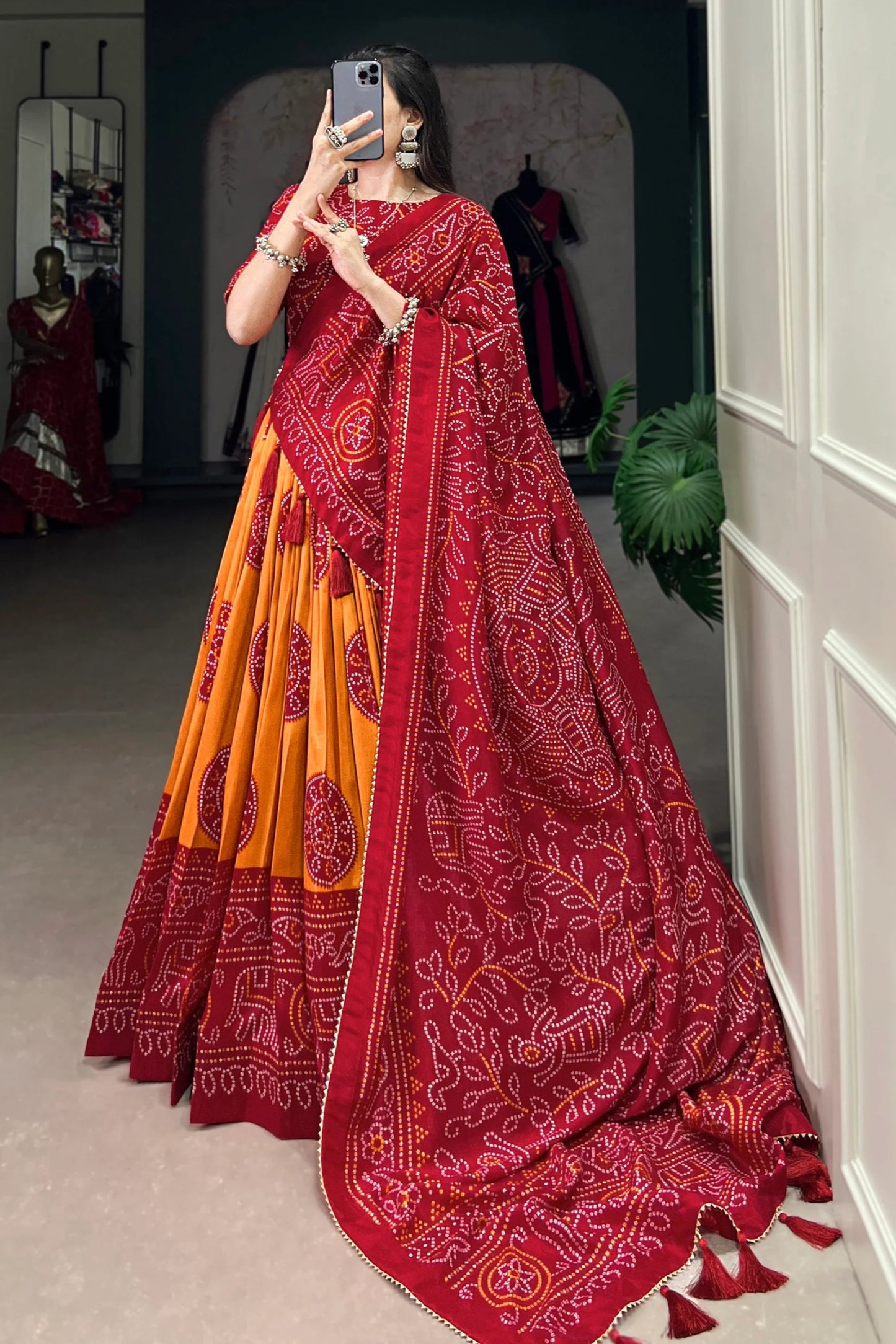 Attractive Ready To Wear Lehenga Choli Of Tussar Silk With Bandhani Print Work And Work Of Digital Print With Dupatta