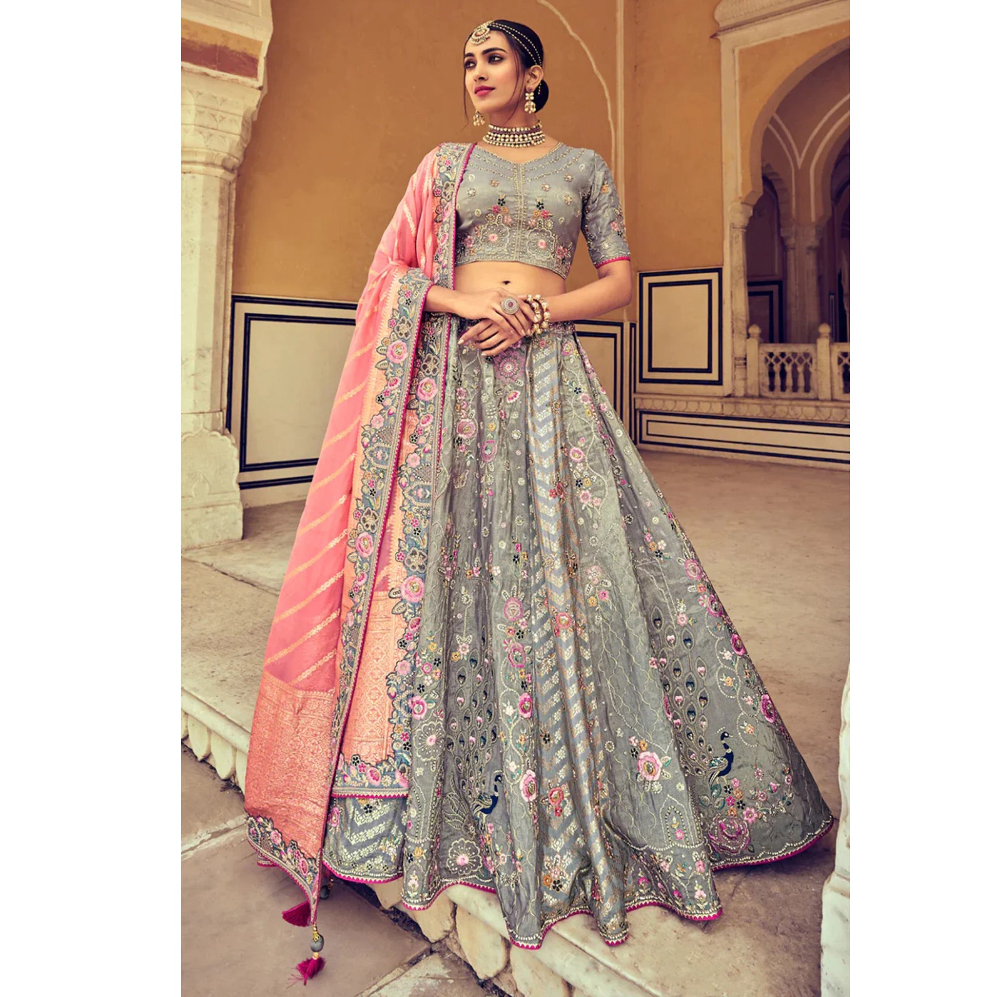 Grey Color Readymade Designer Resham & Embroidery Work Wedding Wear Lehenga Choli With Pink Net dupatta