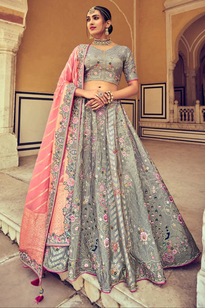 Grey Color Readymade Designer Resham & Embroidery Work Wedding Wear Lehenga Choli With Pink Net dupatta