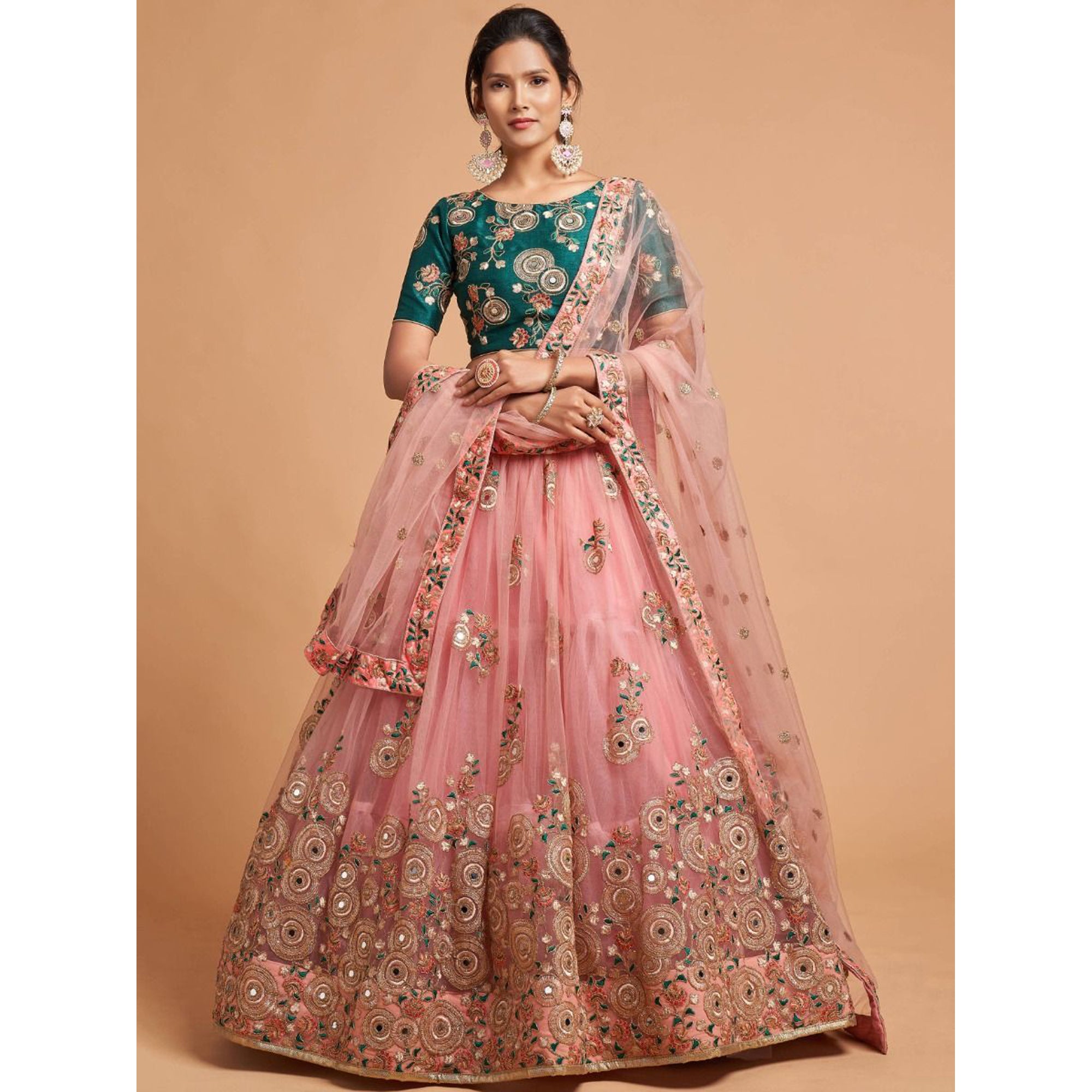 Peach Embroidery & Sequins Work Lehenga Choli With Green Color Stylish Blouse