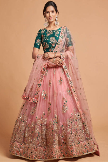 Peach Embroidery & Sequins Work Lehenga Choli With Green Color Stylish Blouse